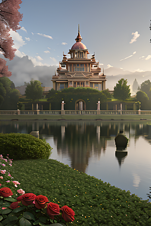 晨光下的湖畔宫殿细腻描绘的艺术之作
