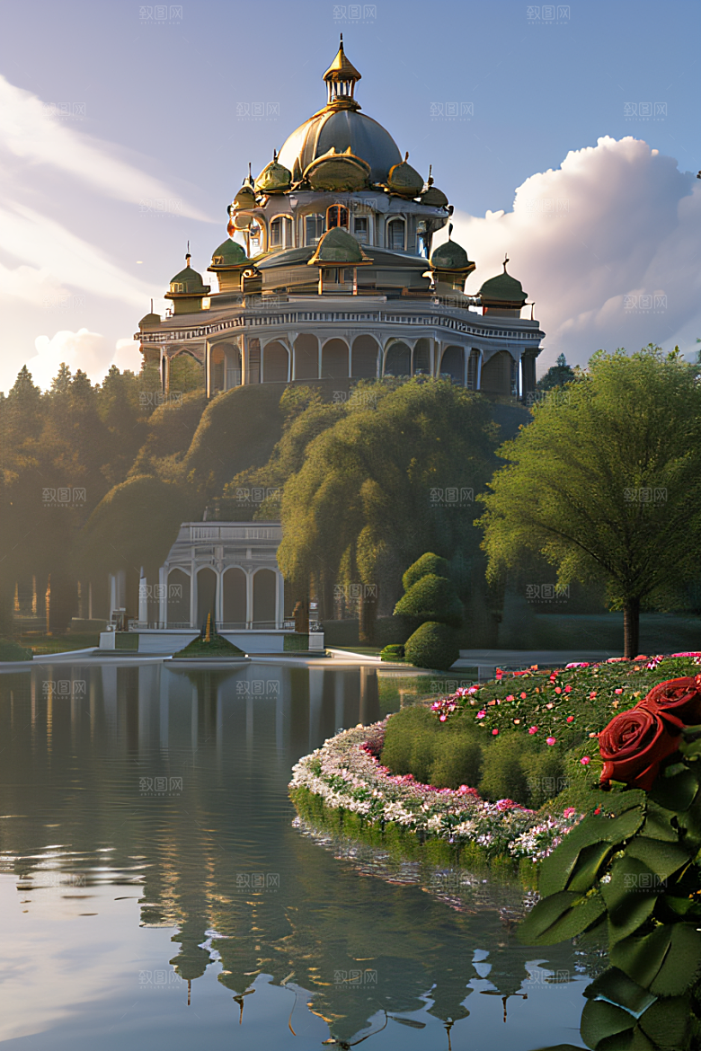 晨光下的湖畔宫殿细腻描绘的艺术之作