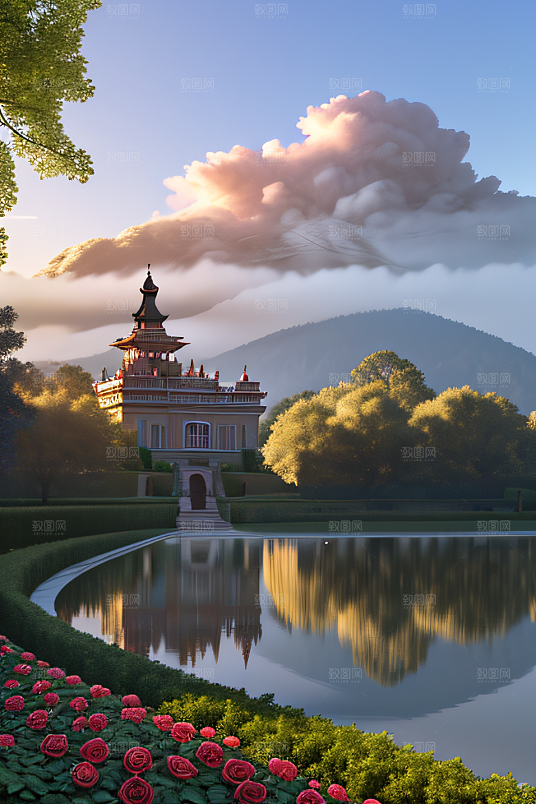 早晨湖畔的宫殿浪漫梦幻的玫瑰花园