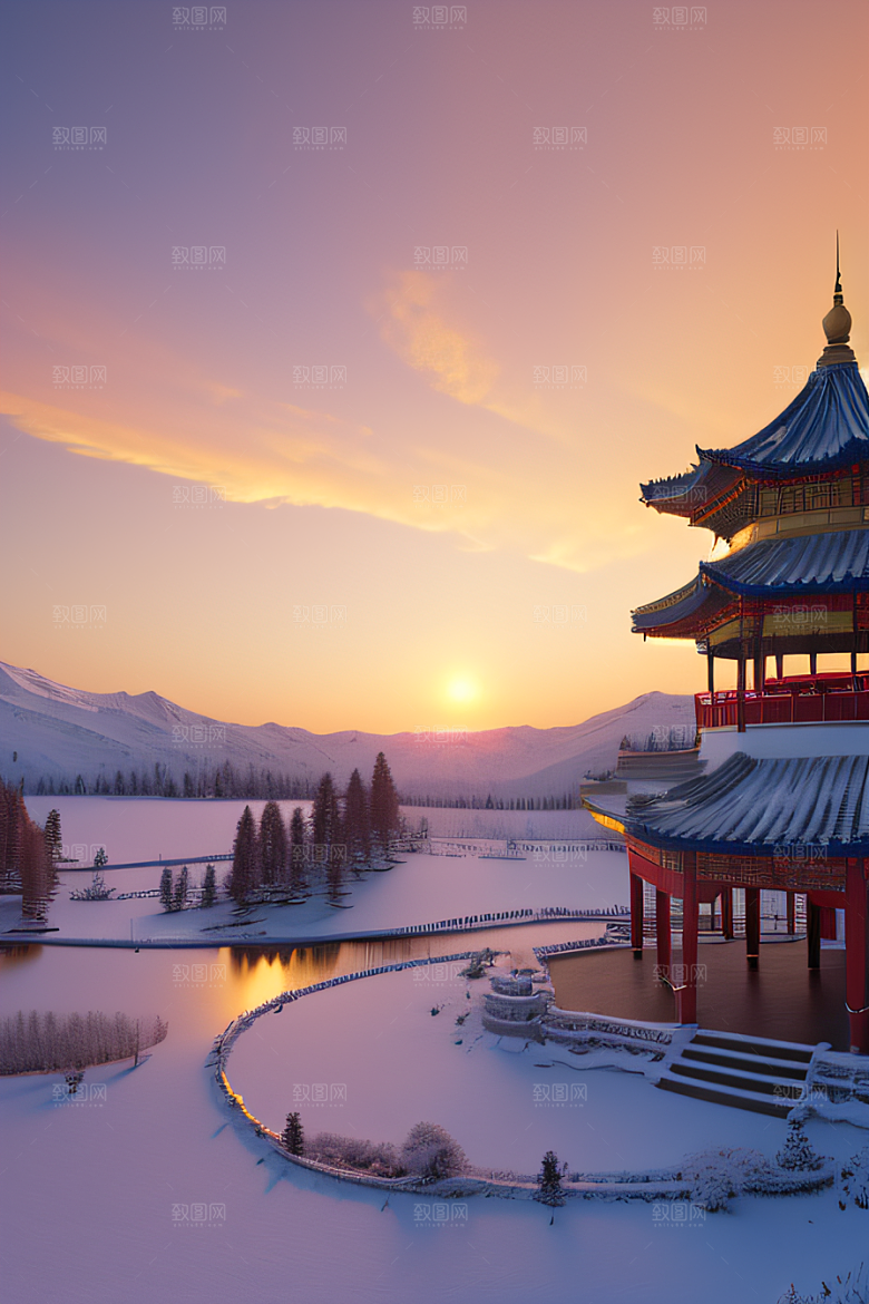 神秘仙宫金光闪耀的冰雪湖