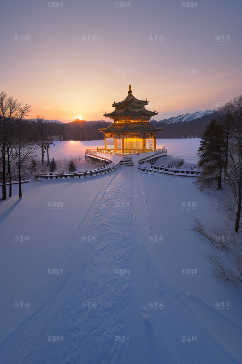 神秘仙宫金光闪耀的冰雪湖
