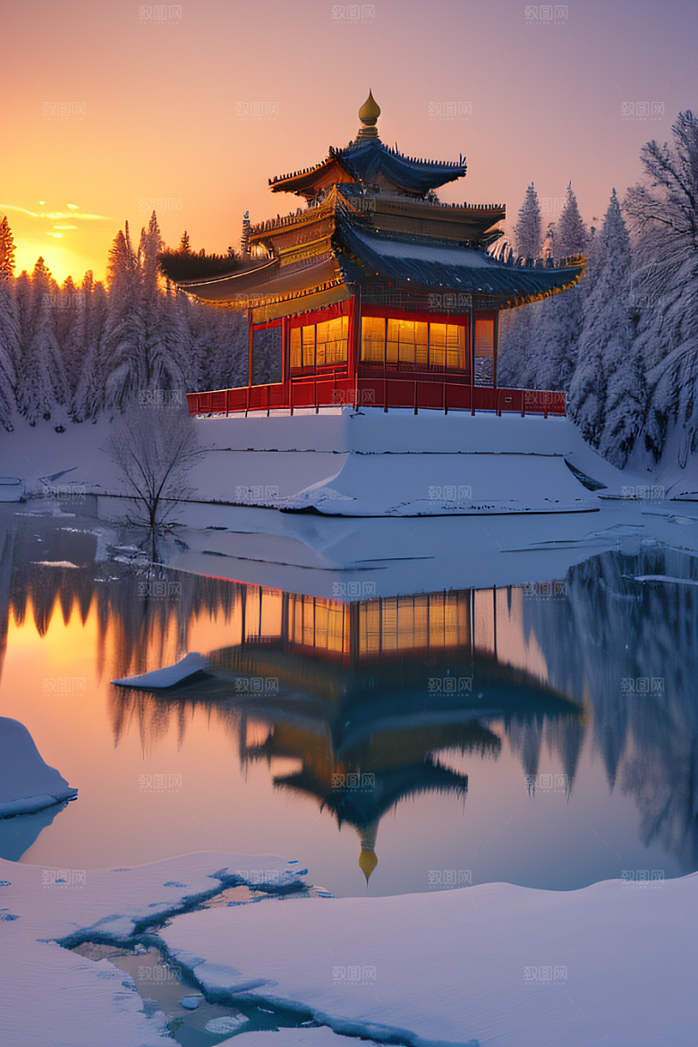 神秘仙宫金光闪耀的冰雪湖