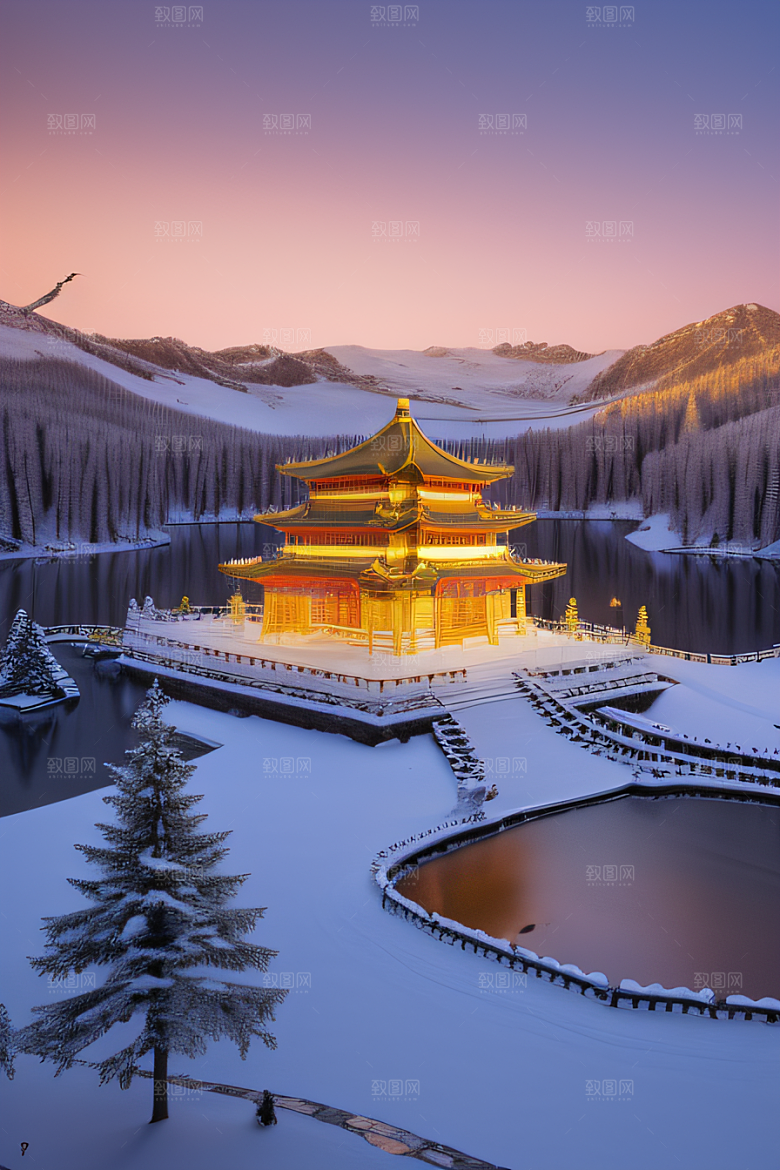 神秘仙宫金光闪耀的冰雪湖