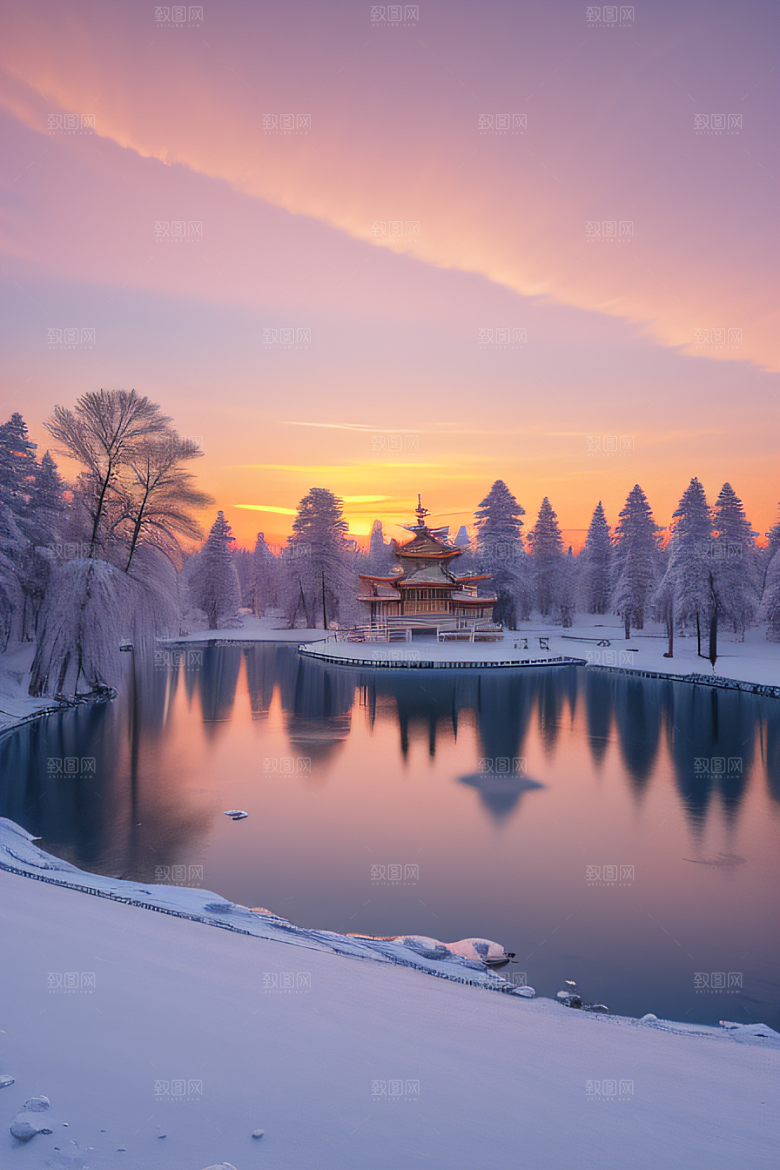 神秘仙宫金光闪耀的冰雪湖