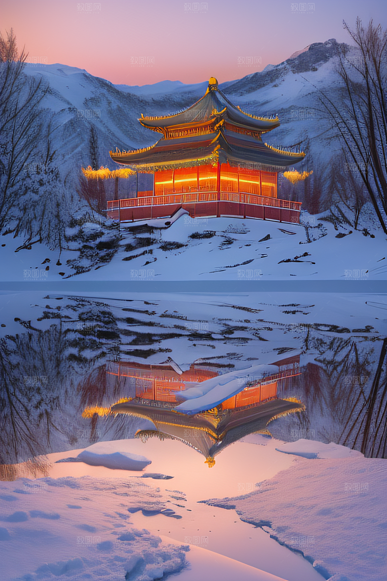 神秘仙宫金光闪耀的冰雪湖
