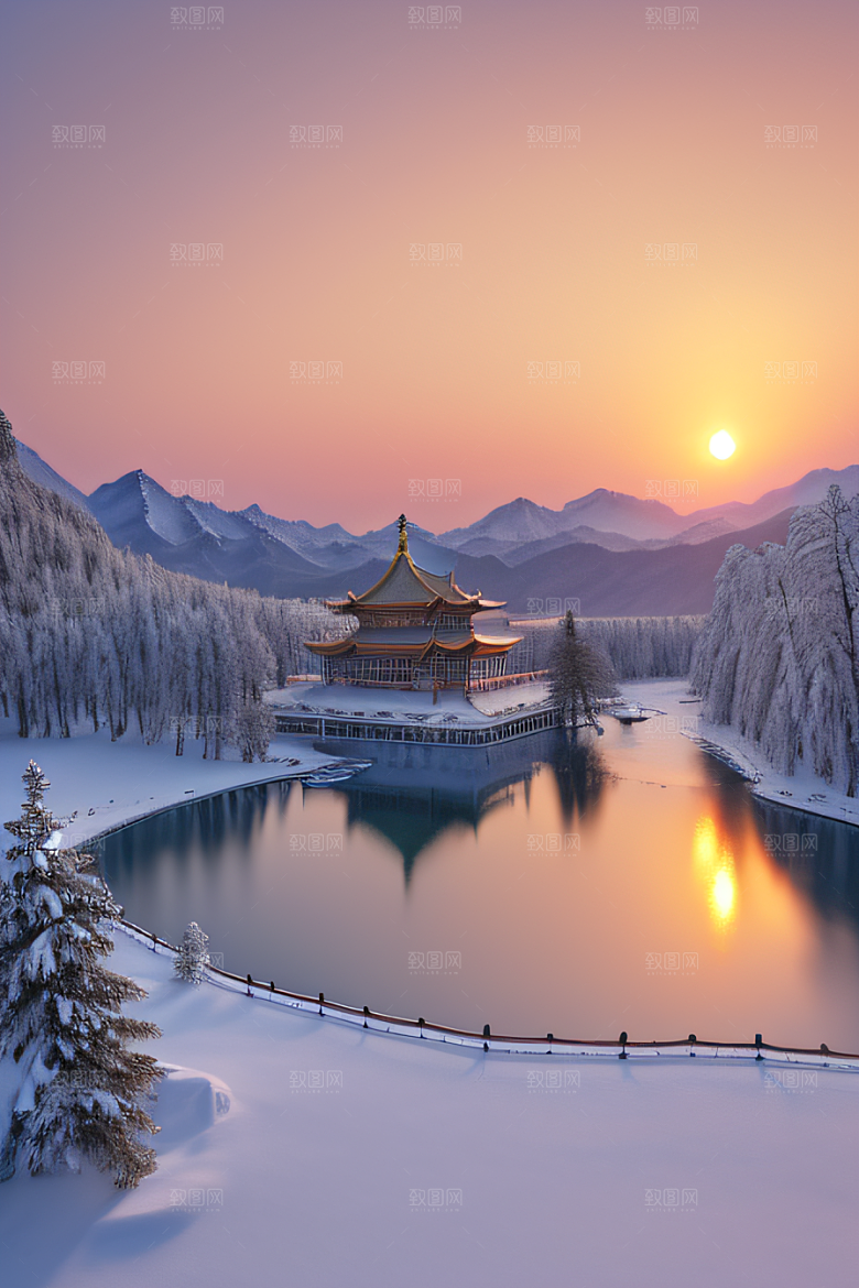 神秘仙宫金光闪耀的冰雪湖