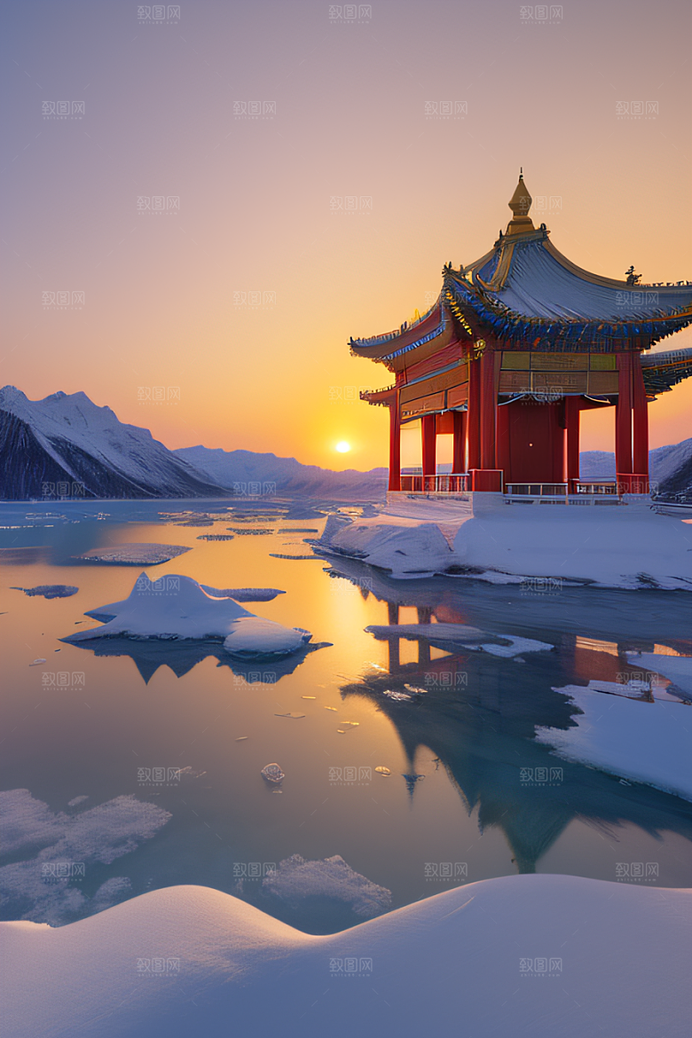 神秘仙宫金光闪耀的冰雪湖