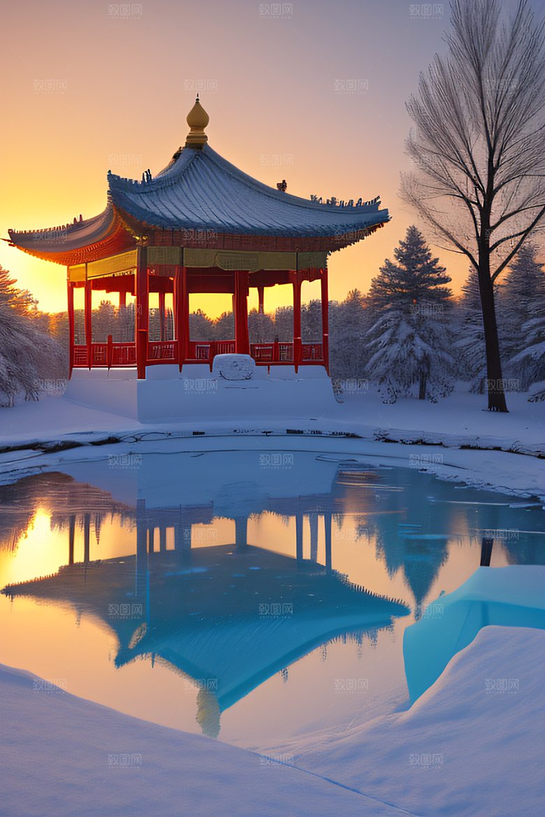 美丽日出梦幻般的黄金冰雪湖