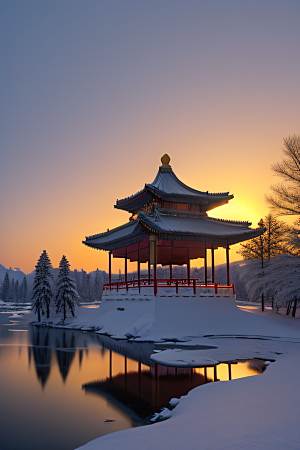 美丽日出梦幻般的黄金冰雪湖