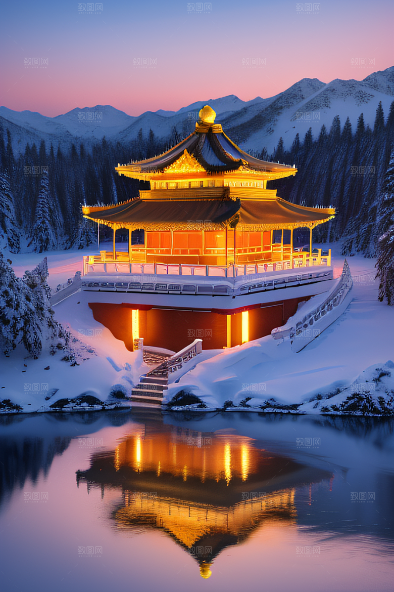 美丽日出梦幻般的黄金冰雪湖