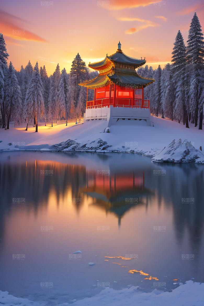 美丽日出梦幻般的黄金冰雪湖