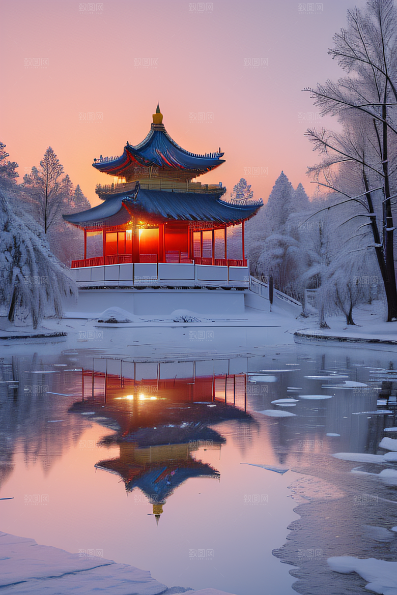 美丽日出梦幻般的黄金冰雪湖