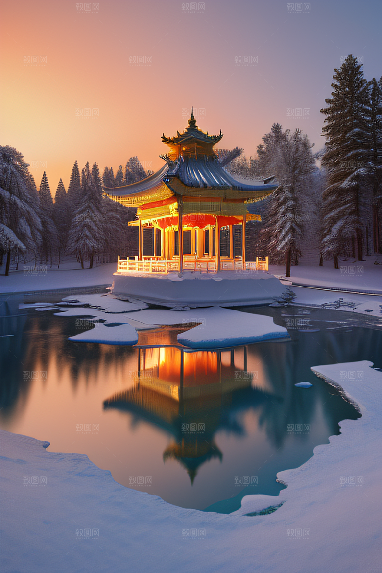 美丽日出梦幻般的黄金冰雪湖