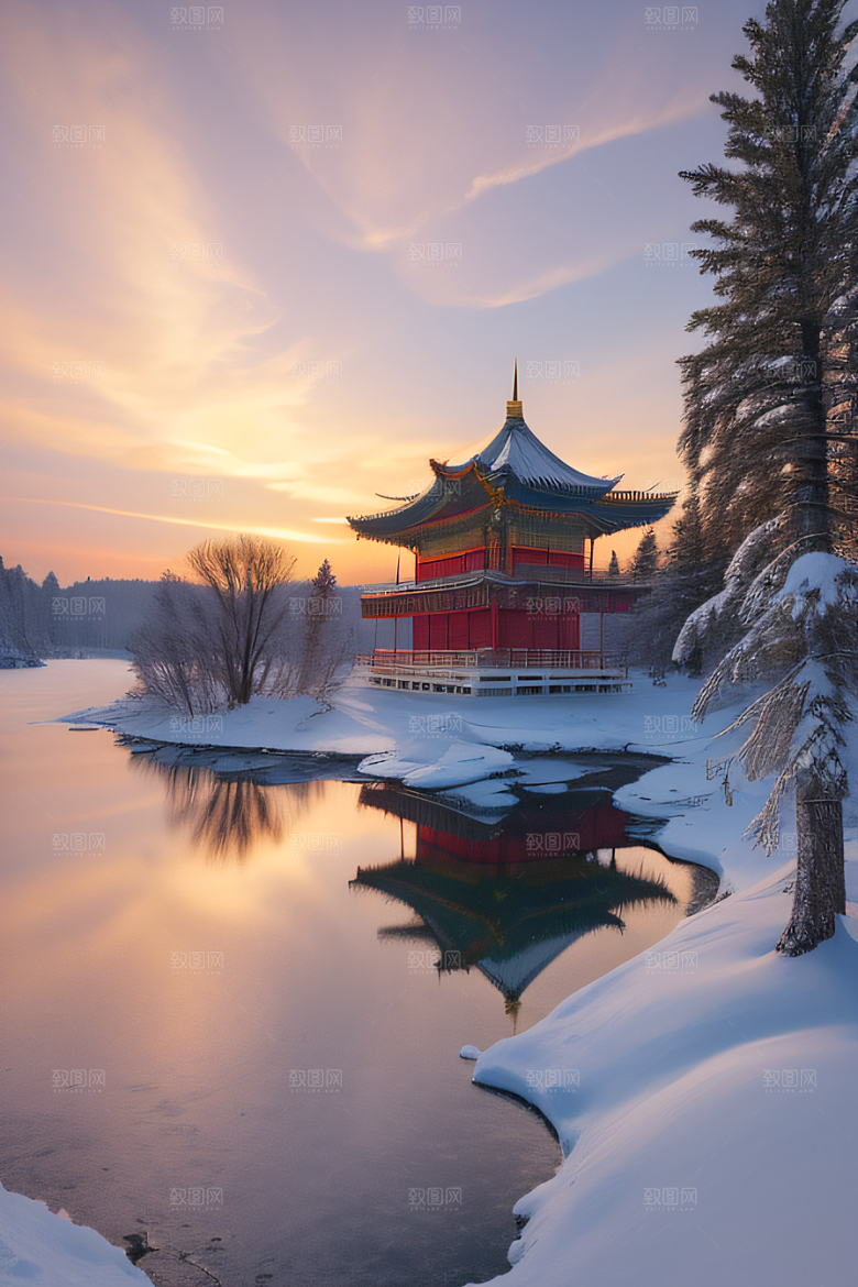 美丽日出梦幻般的黄金冰雪湖