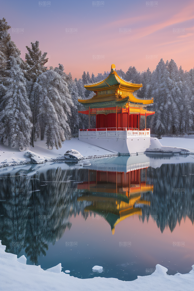 美丽日出梦幻般的黄金冰雪湖