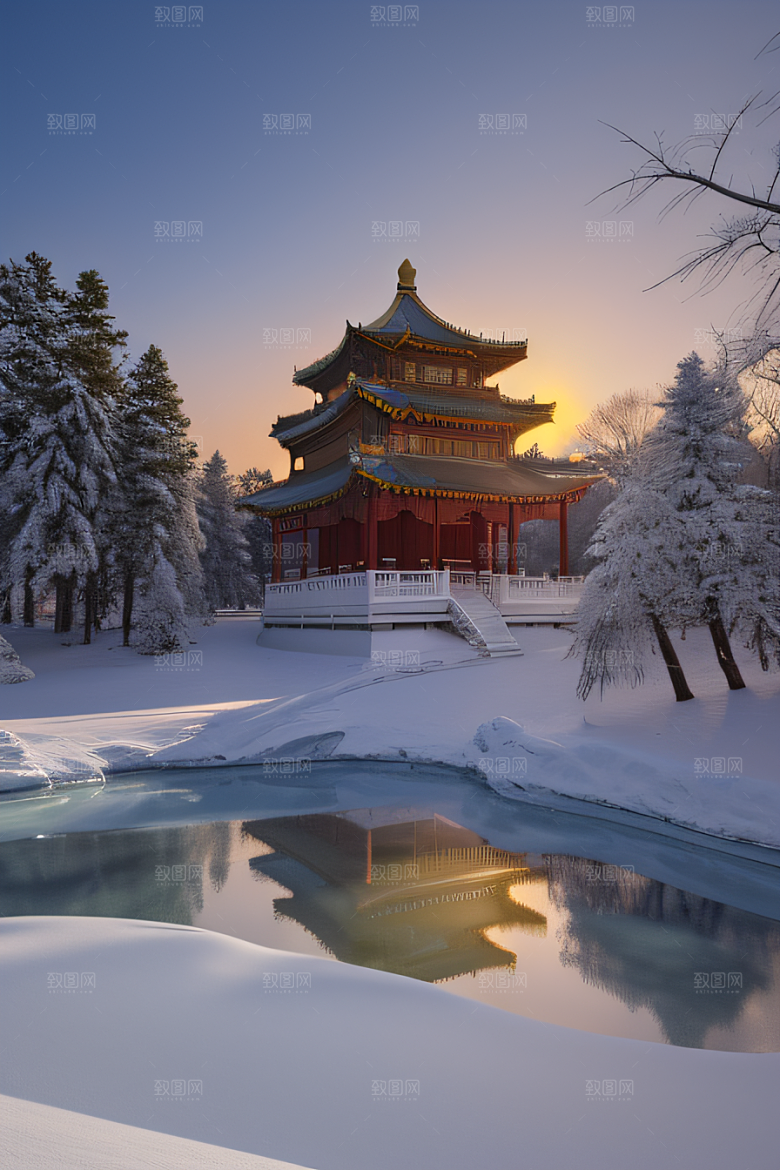 美丽日出梦幻般的黄金冰雪湖
