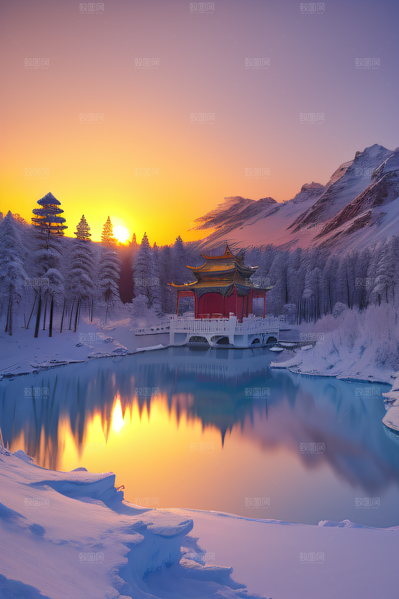 美丽日出梦幻般的黄金冰雪湖