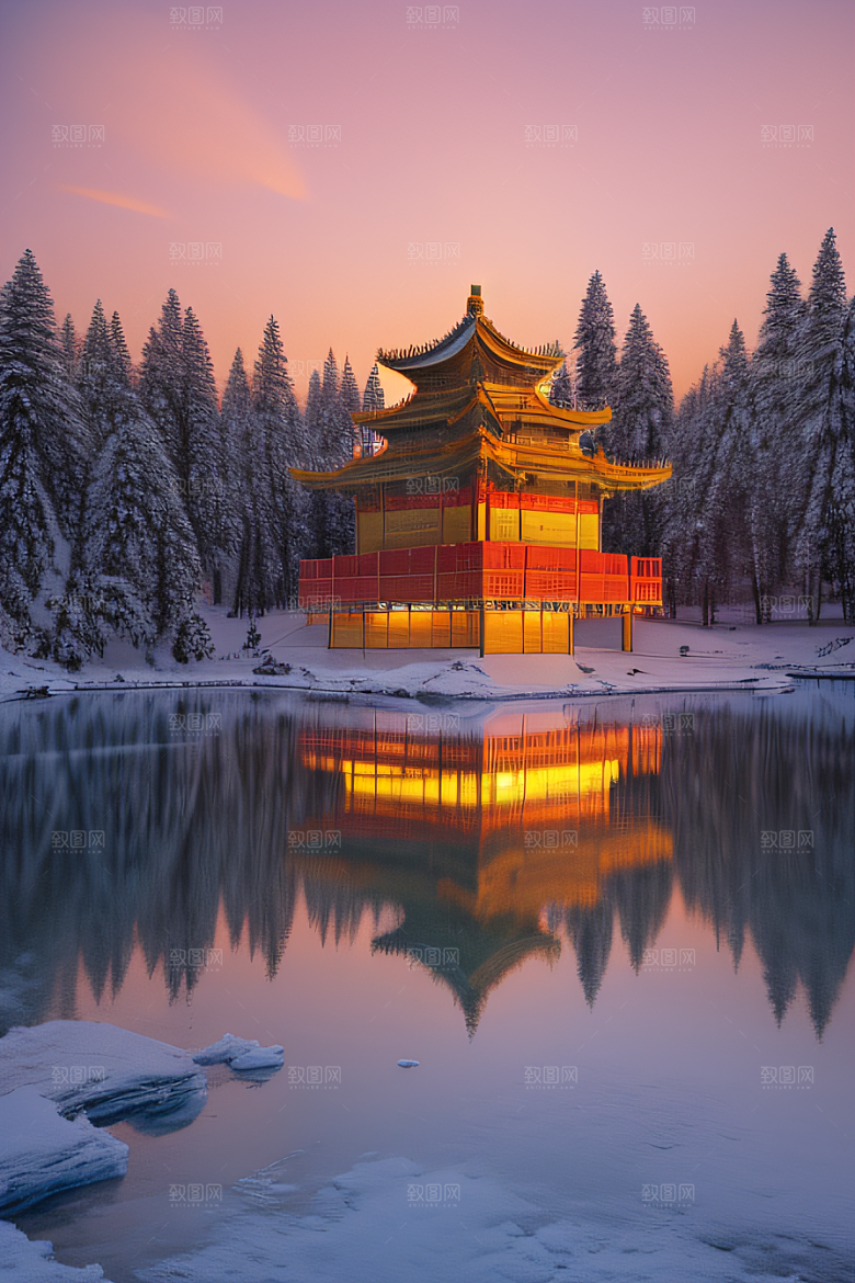 美丽日出梦幻般的黄金冰雪湖