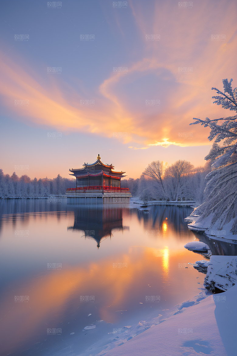 美丽日出梦幻般的黄金冰雪湖