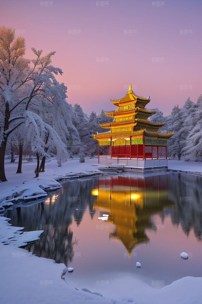 美丽日出梦幻般的黄金冰雪湖