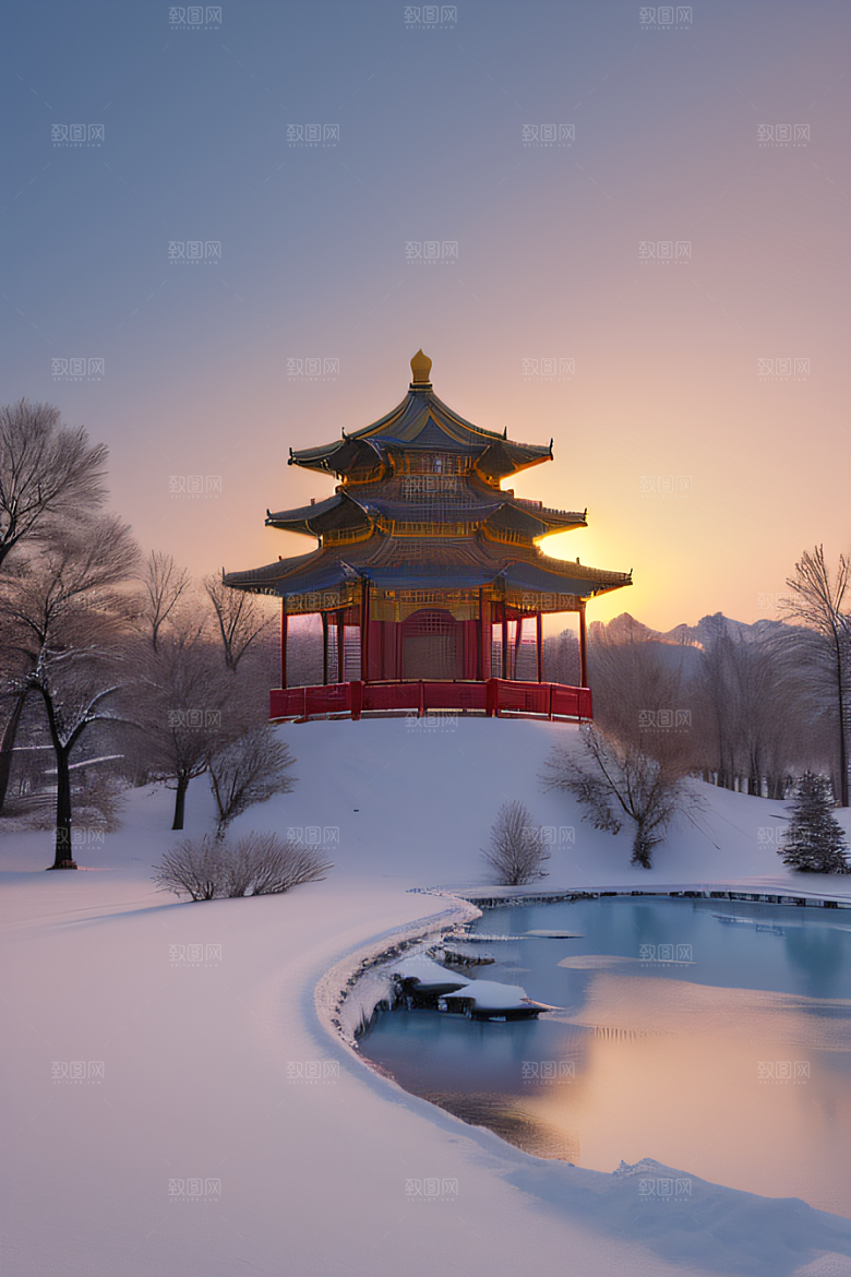 仙宫殿堂晨曦绘就的瑰丽景色
