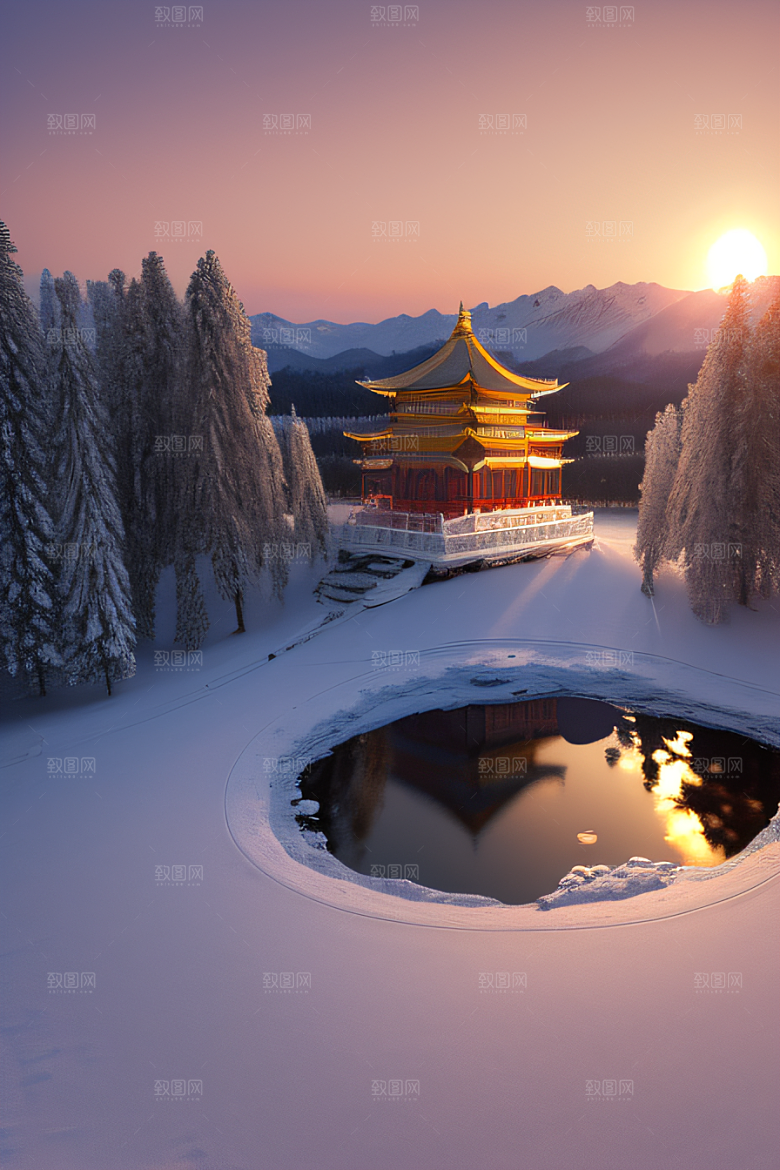 仙宫殿堂晨曦绘就的瑰丽景色