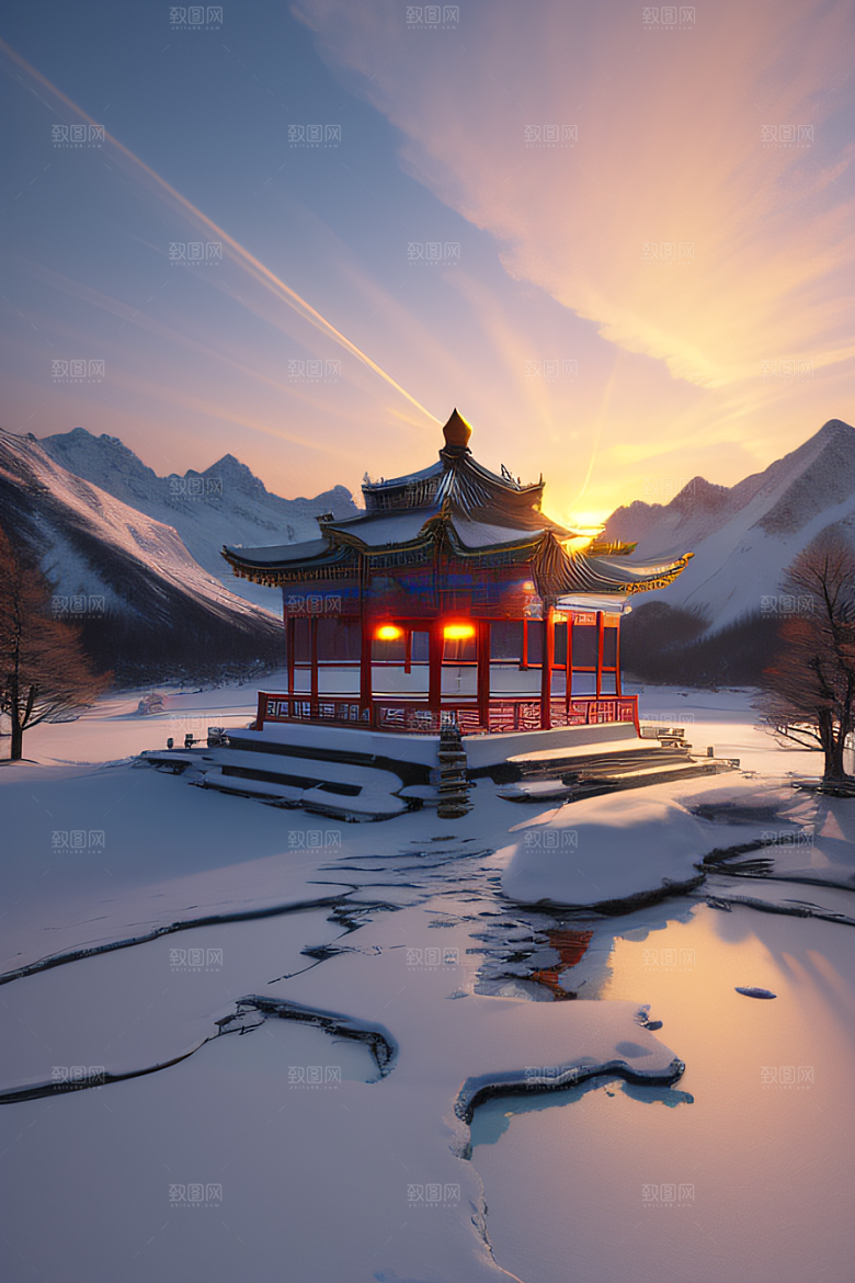冰雪奇景晨曦绘就的仙境