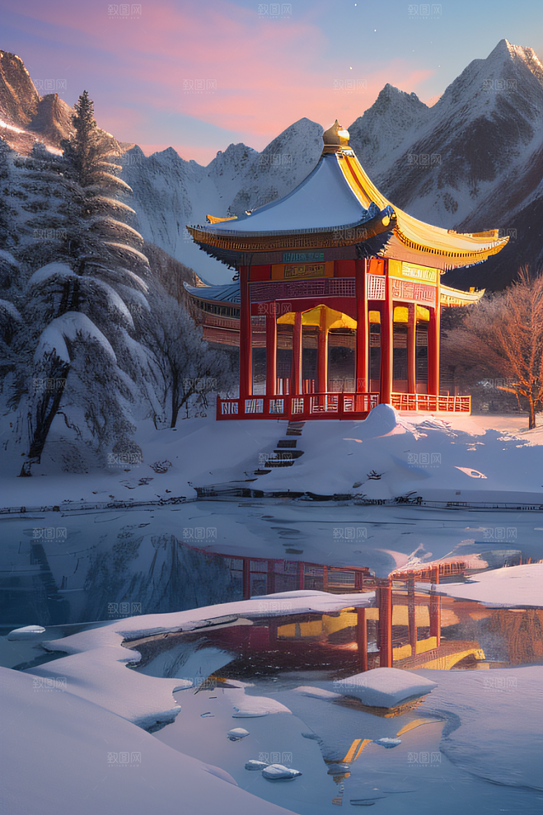 冰雪奇景晨曦绘就的仙境
