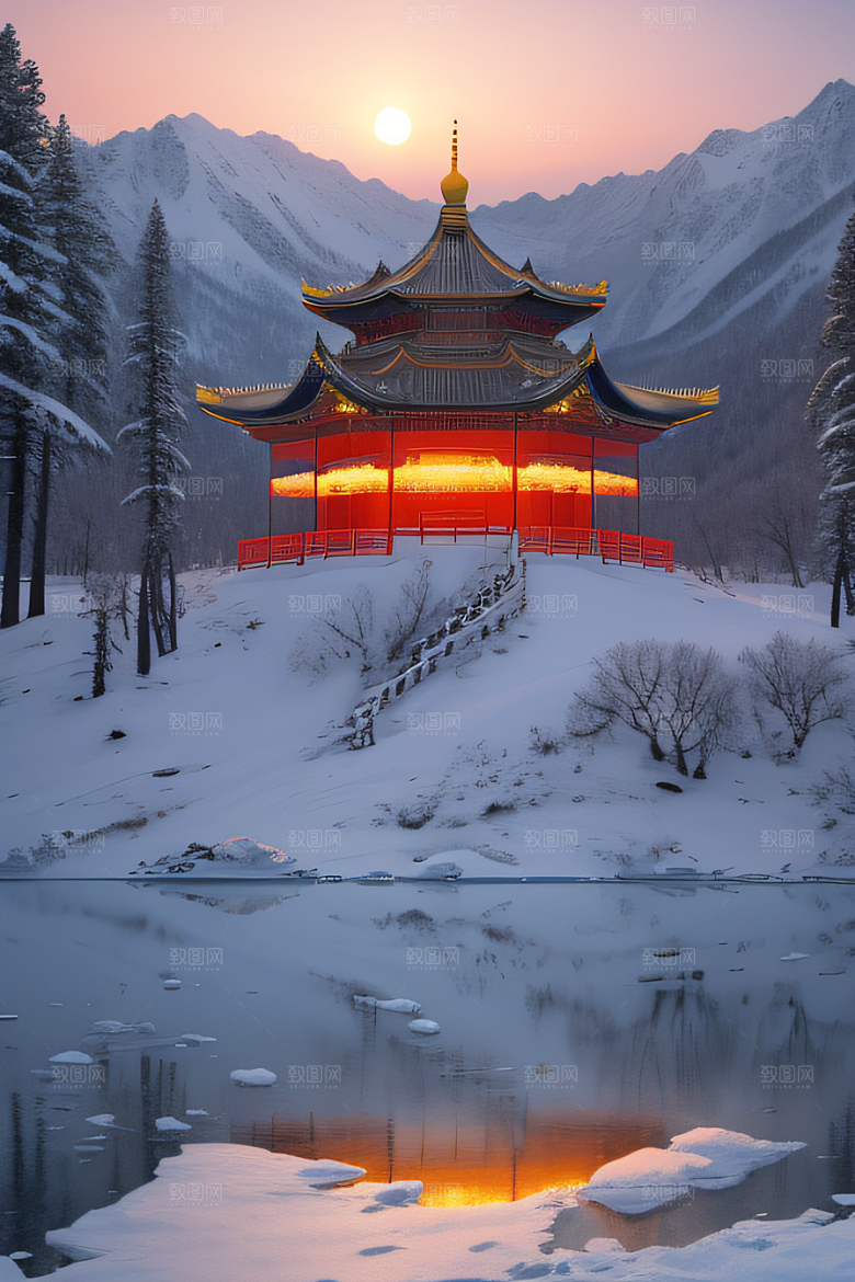 冰雪奇景晨曦绘就的仙境
