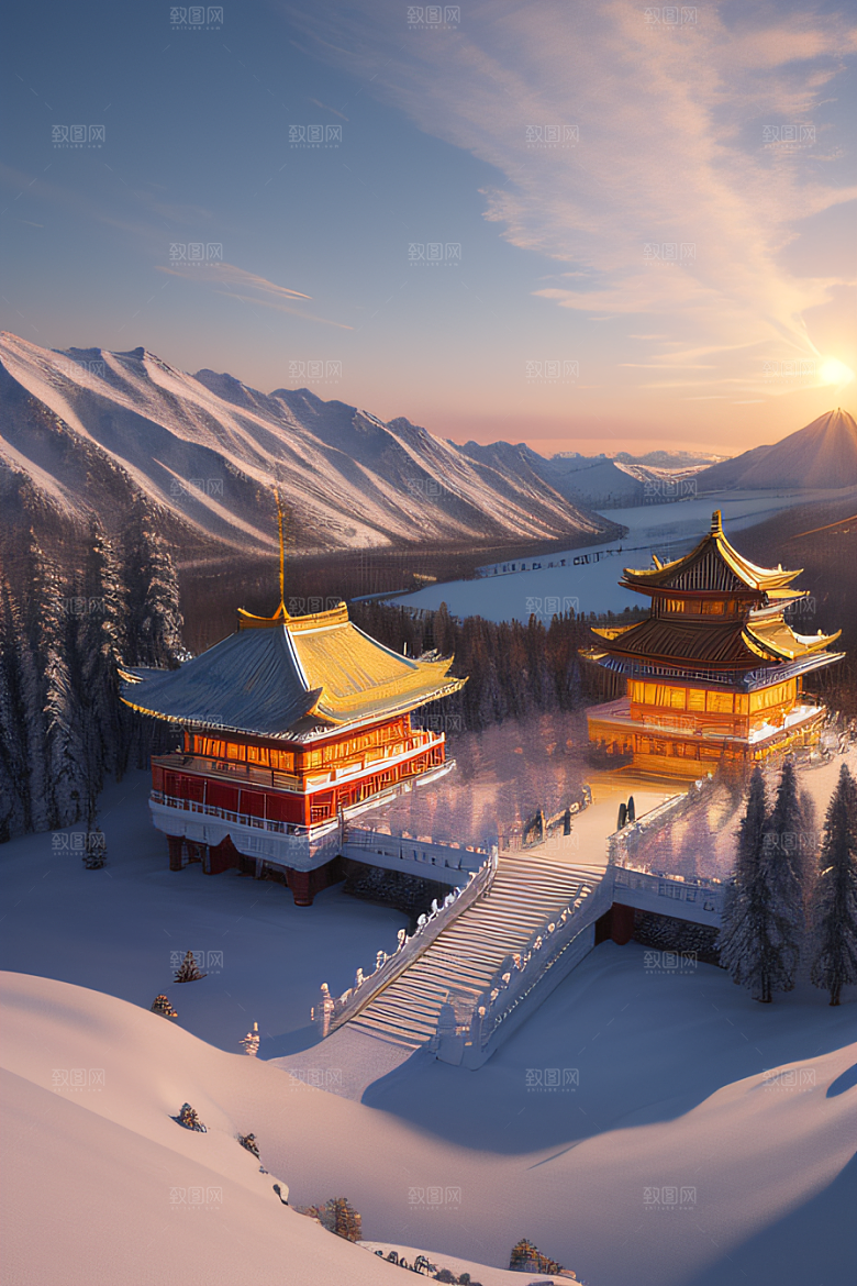 冰雪奇景晨曦绘就的仙境