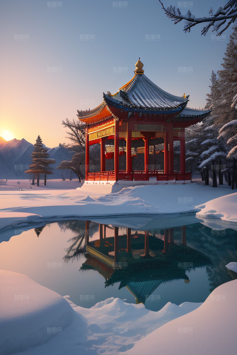神秘仙宫金光闪耀的冰雪湖