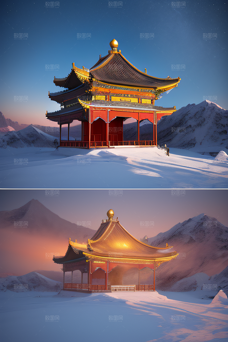 神秘仙宫金光闪耀的冰雪湖