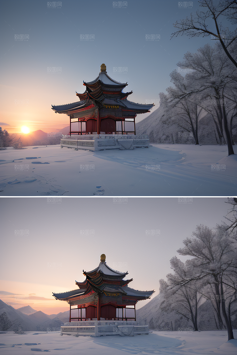 神秘仙宫金光闪耀的冰雪湖
