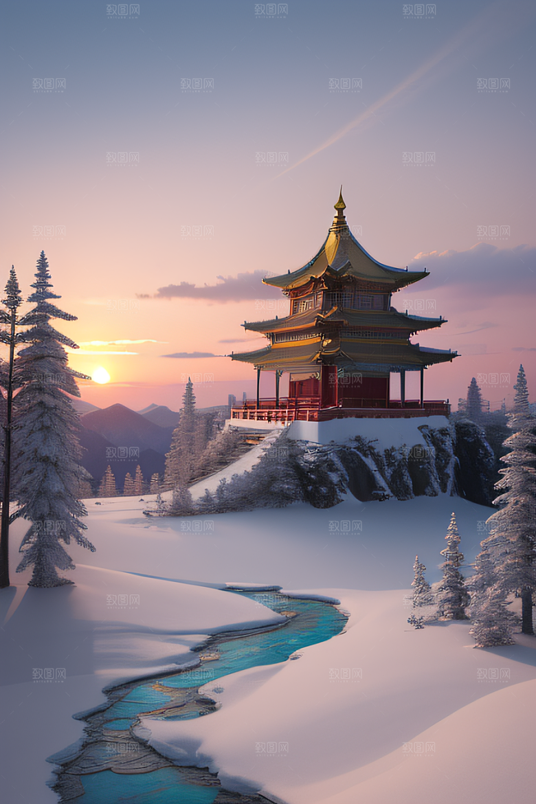 神秘仙宫金光闪耀的冰雪湖