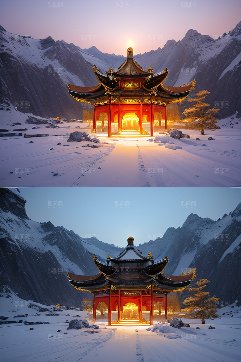 神秘仙宫金光闪耀的冰雪湖