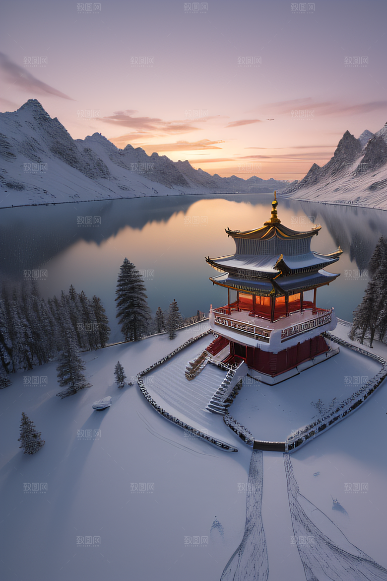 神秘仙宫金光闪耀的冰雪湖