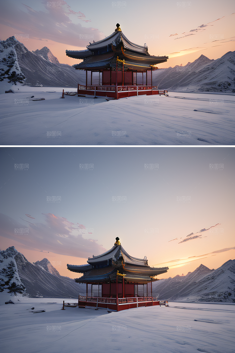 神秘仙宫金光闪耀的冰雪湖