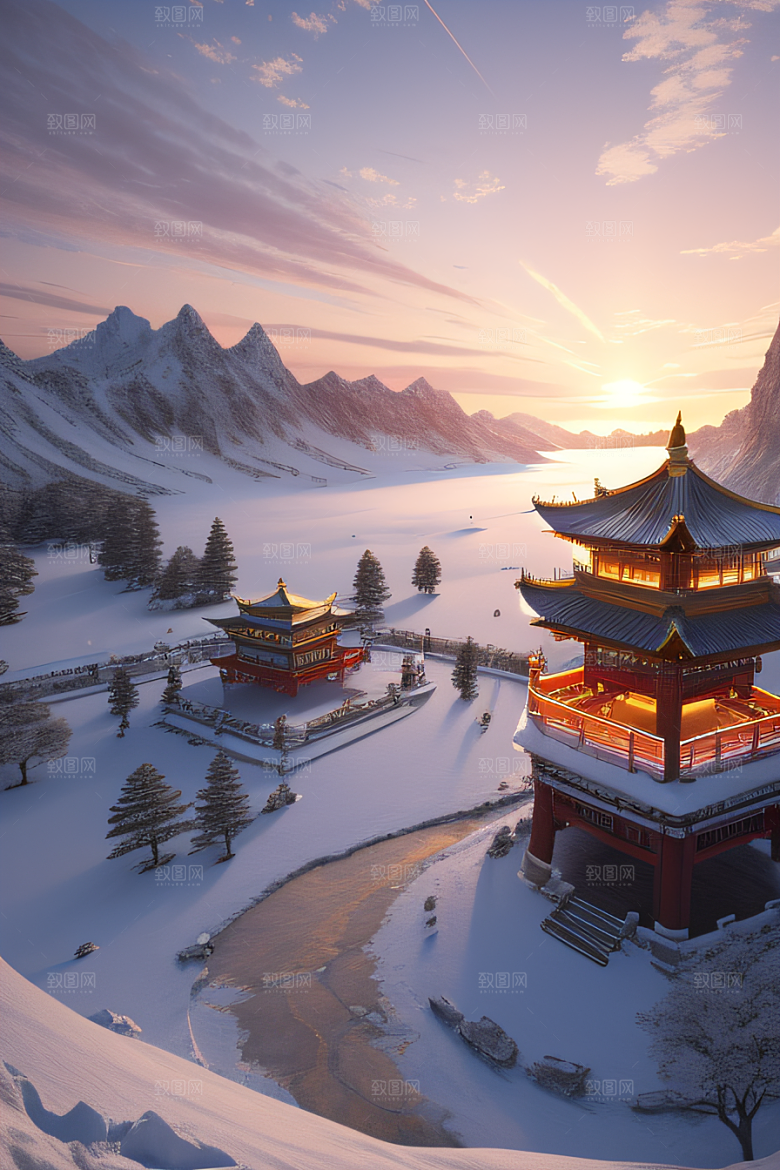 神秘仙宫金光闪耀的冰雪湖