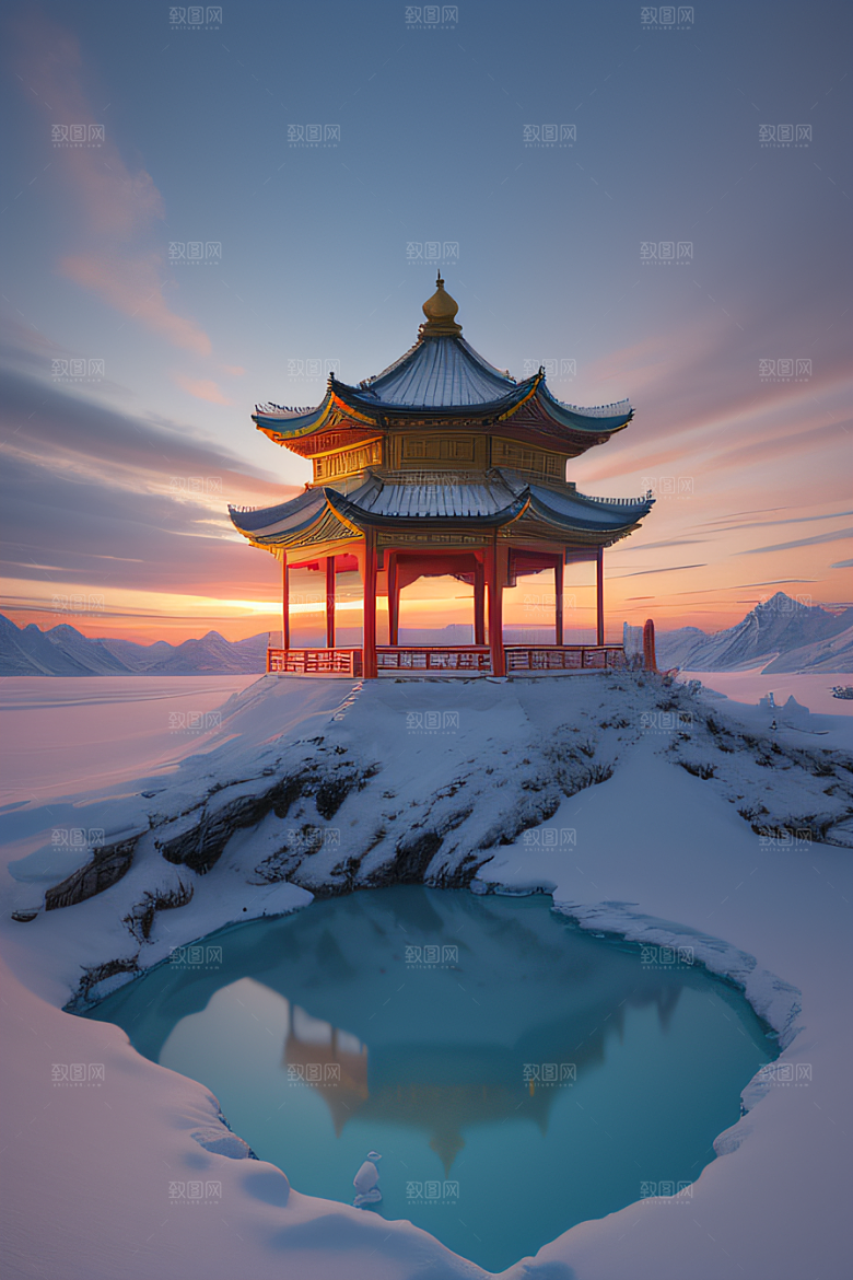 神秘仙宫金光闪耀的冰雪湖
