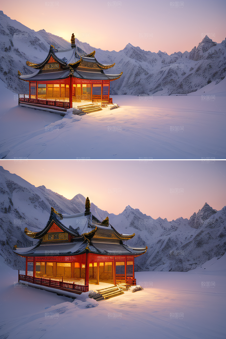 神秘仙宫金光闪耀的冰雪湖