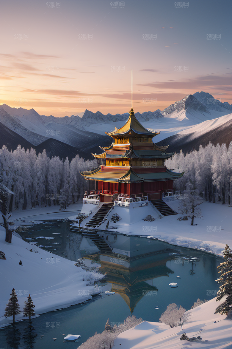 神秘仙宫金光闪耀的冰雪湖
