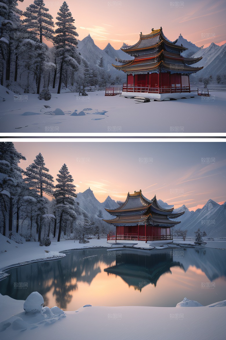 神秘仙宫金光闪耀的冰雪湖