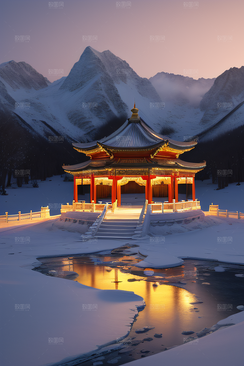 神秘仙宫金光闪耀的冰雪湖