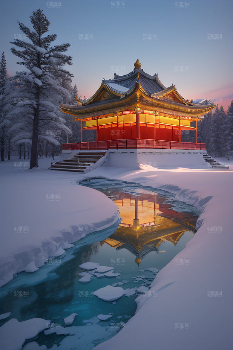 神秘仙宫金光闪耀的冰雪湖