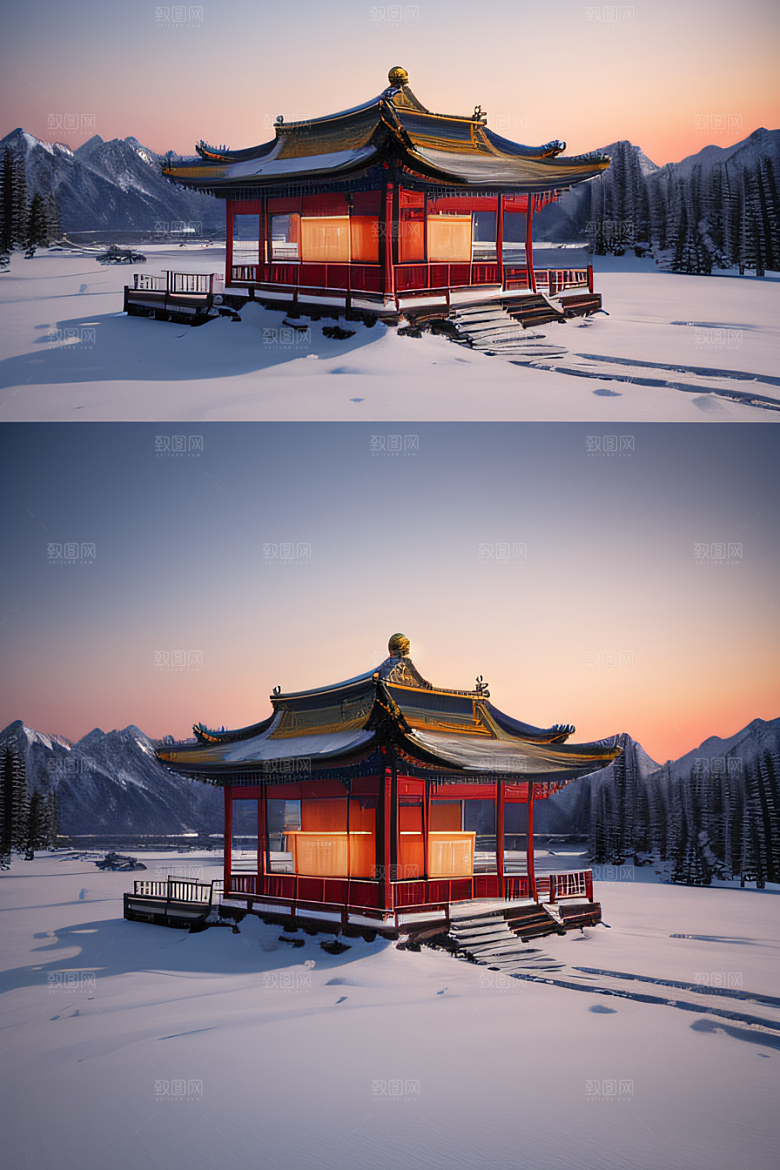 神秘仙宫金光闪耀的冰雪湖