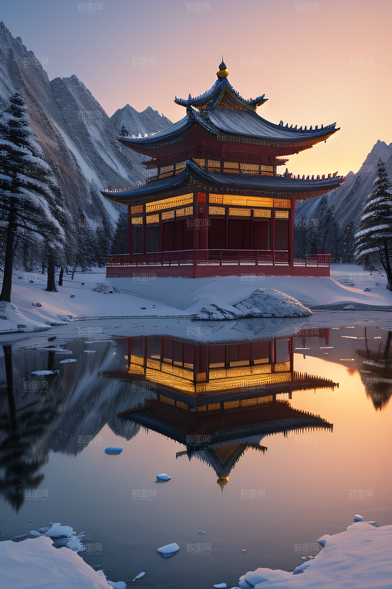 神秘仙宫金光闪耀的冰雪湖