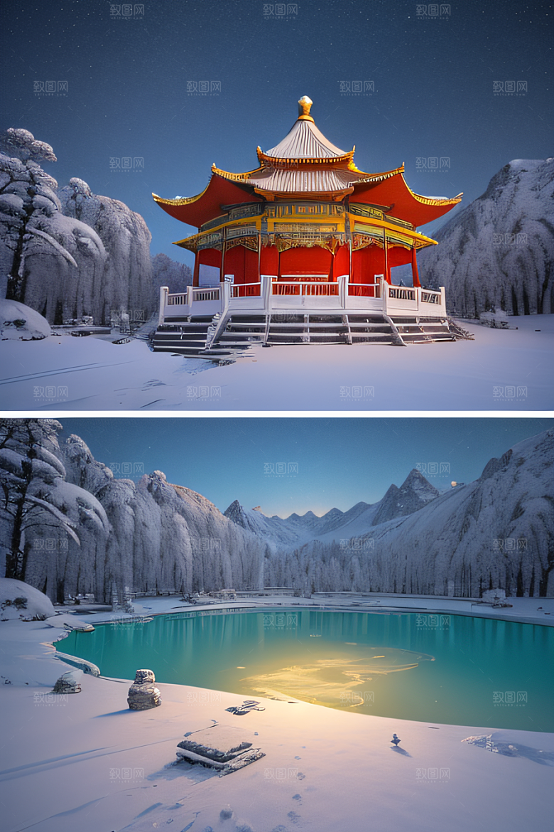 神秘仙宫金光闪耀的冰雪湖