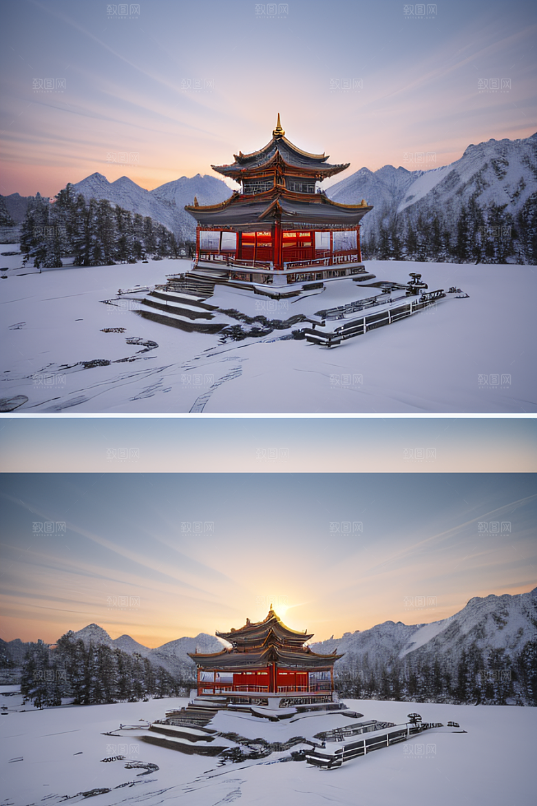神秘仙宫金光闪耀的冰雪湖