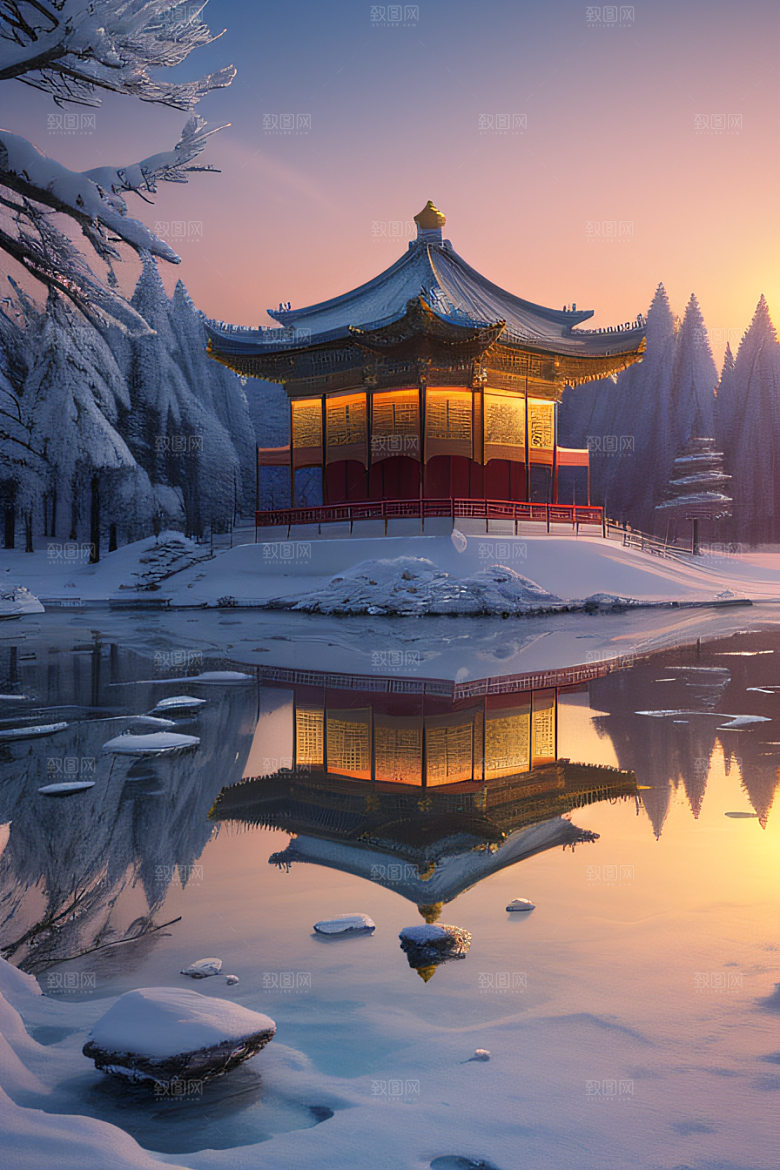 美丽日出梦幻般的黄金冰雪湖