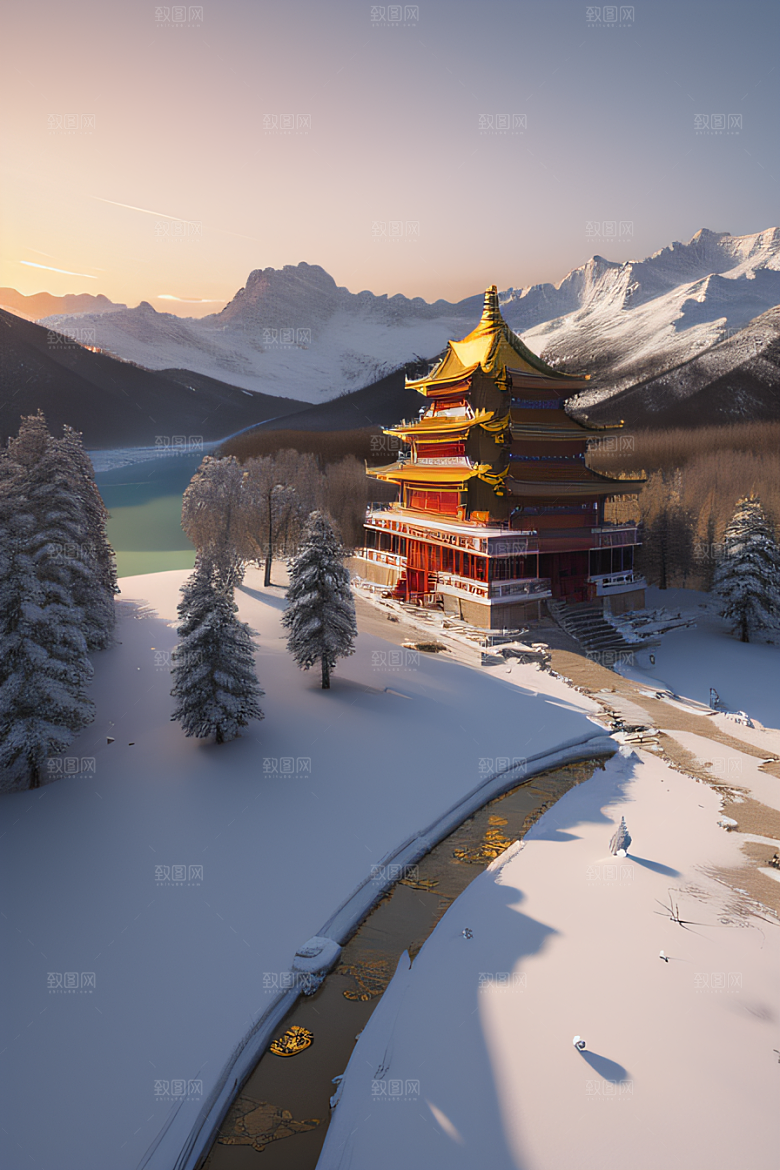 美丽日出梦幻般的黄金冰雪湖